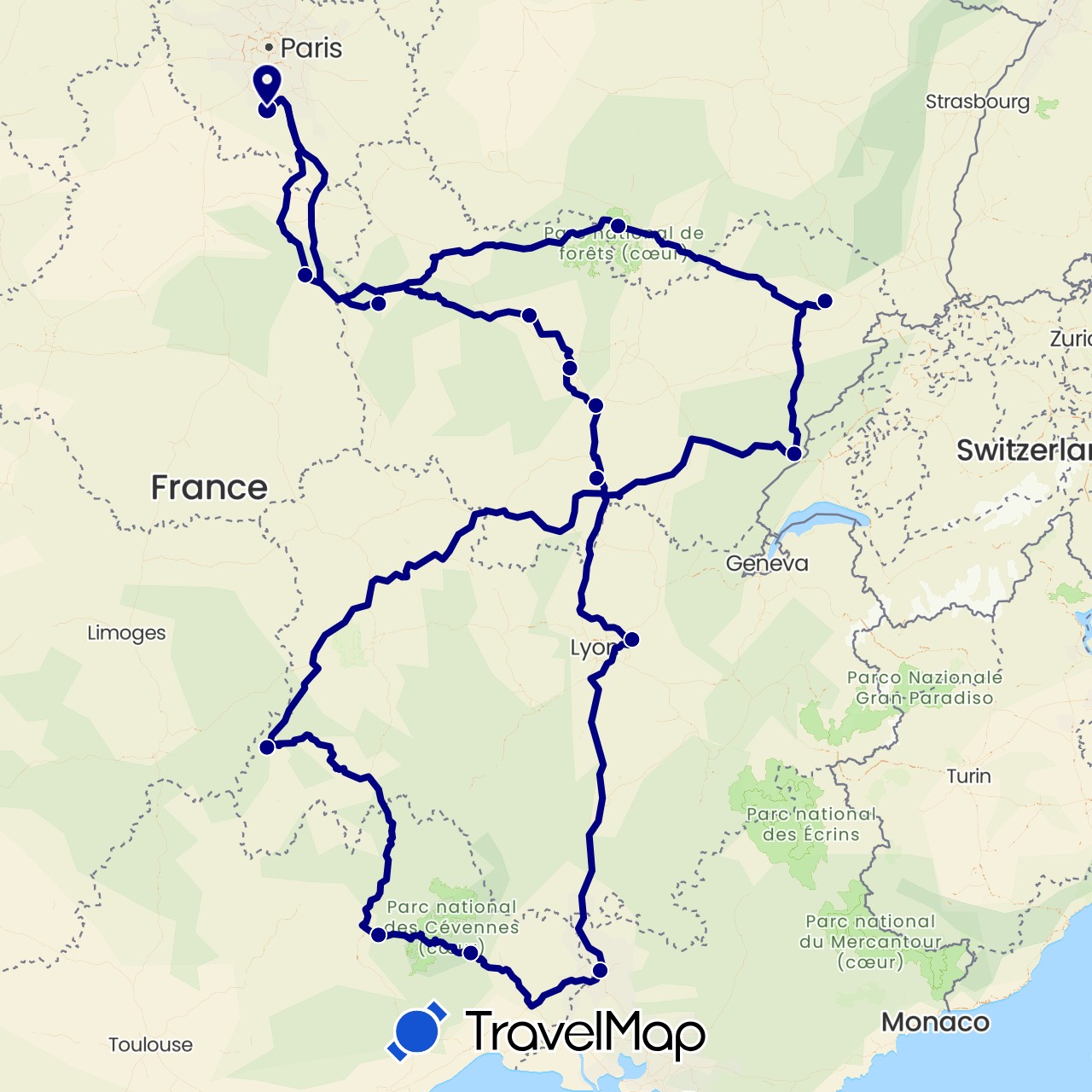 TravelMap itinerary: driving in France (Europe)