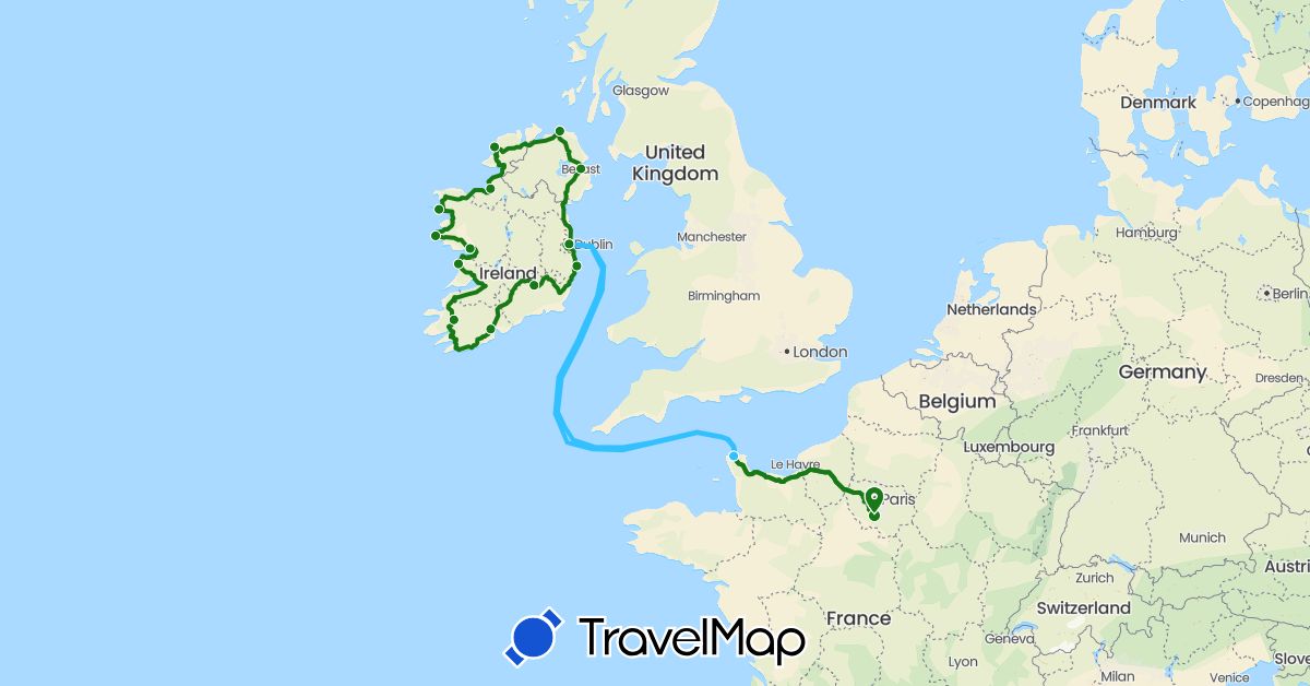TravelMap itinerary: driving, boat, camping-car in France, United Kingdom, Ireland (Europe)
