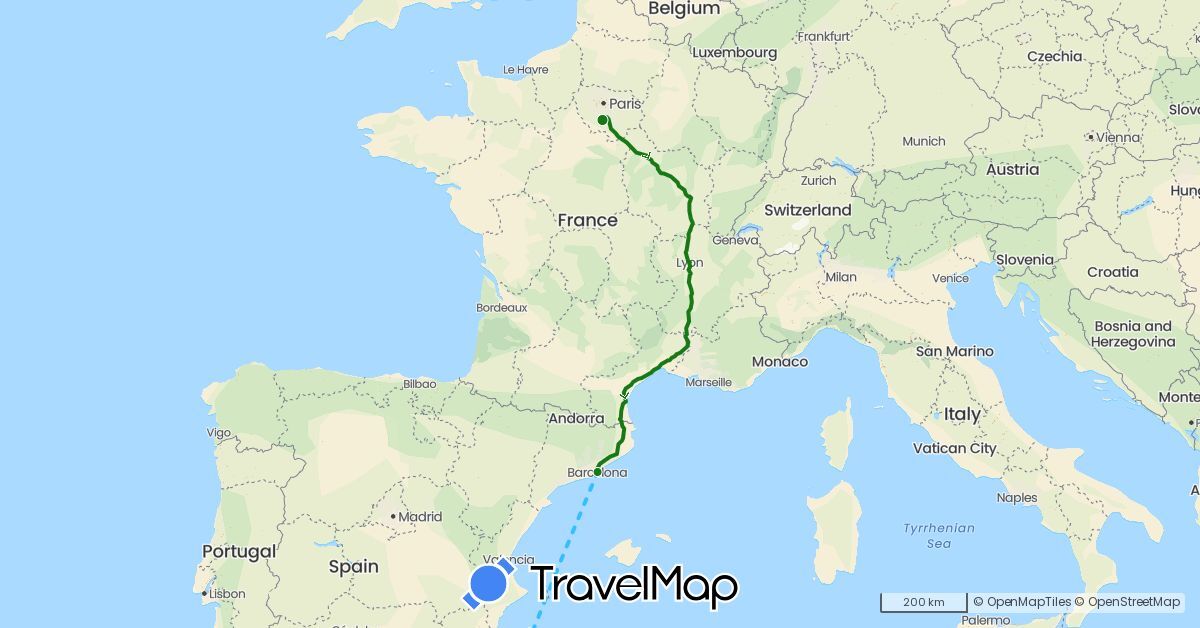 TravelMap itinerary: driving, boat, camping-car in Spain, France, Morocco (Africa, Europe)