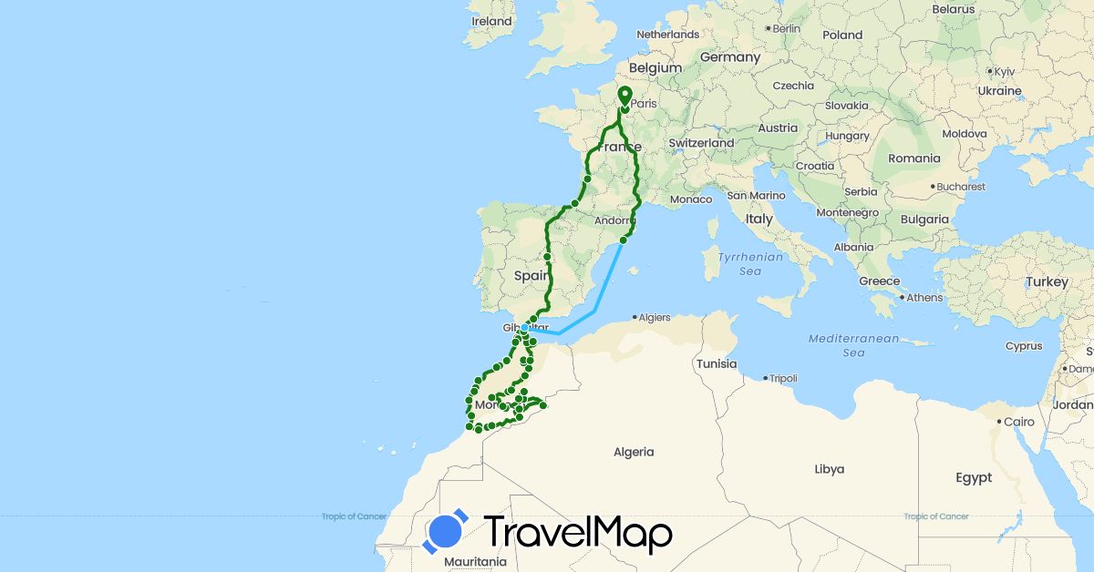 TravelMap itinerary: driving, boat, camping-car in Spain, France, Morocco (Africa, Europe)
