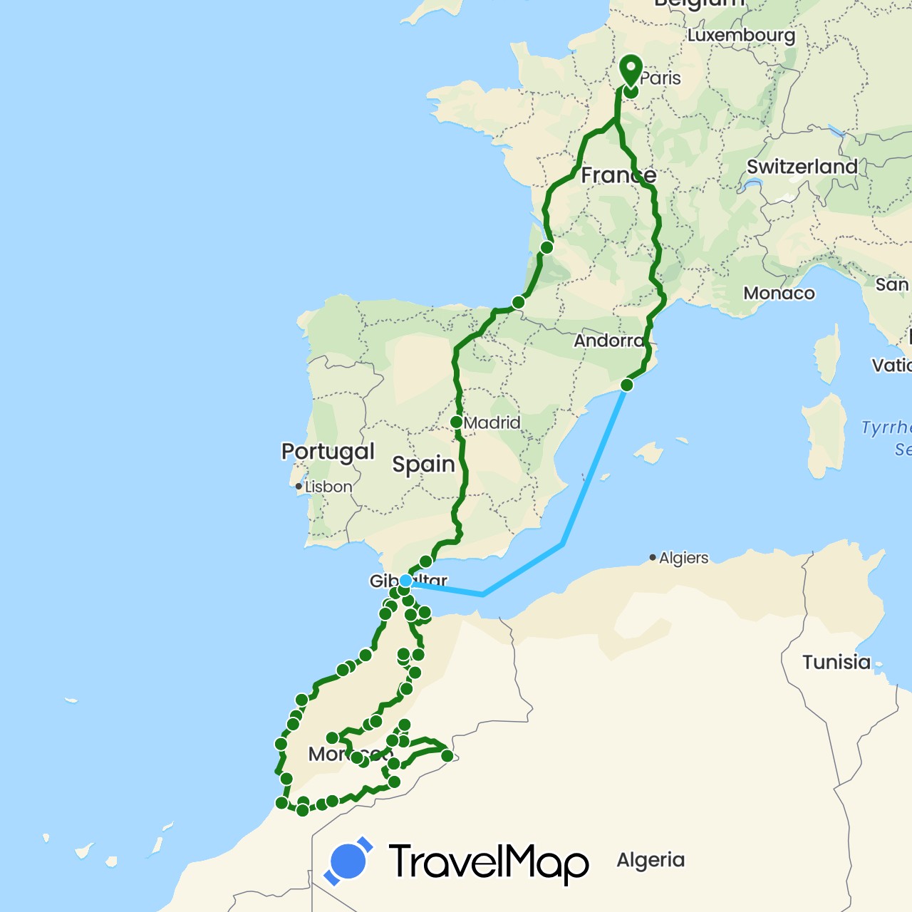 TravelMap itinerary: driving, boat, camping-car in Spain, France, Morocco (Africa, Europe)