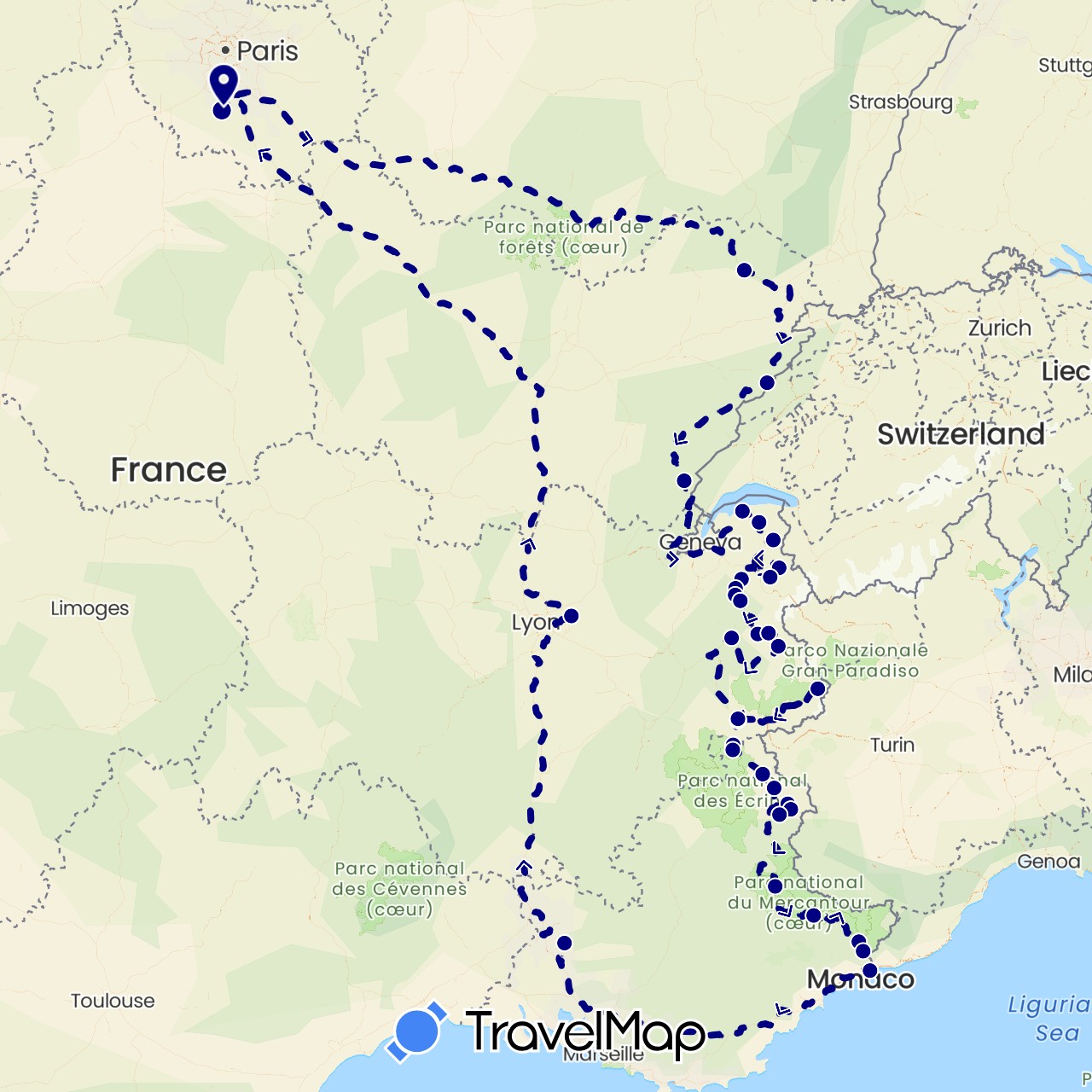 TravelMap itinerary: driving in France (Europe)