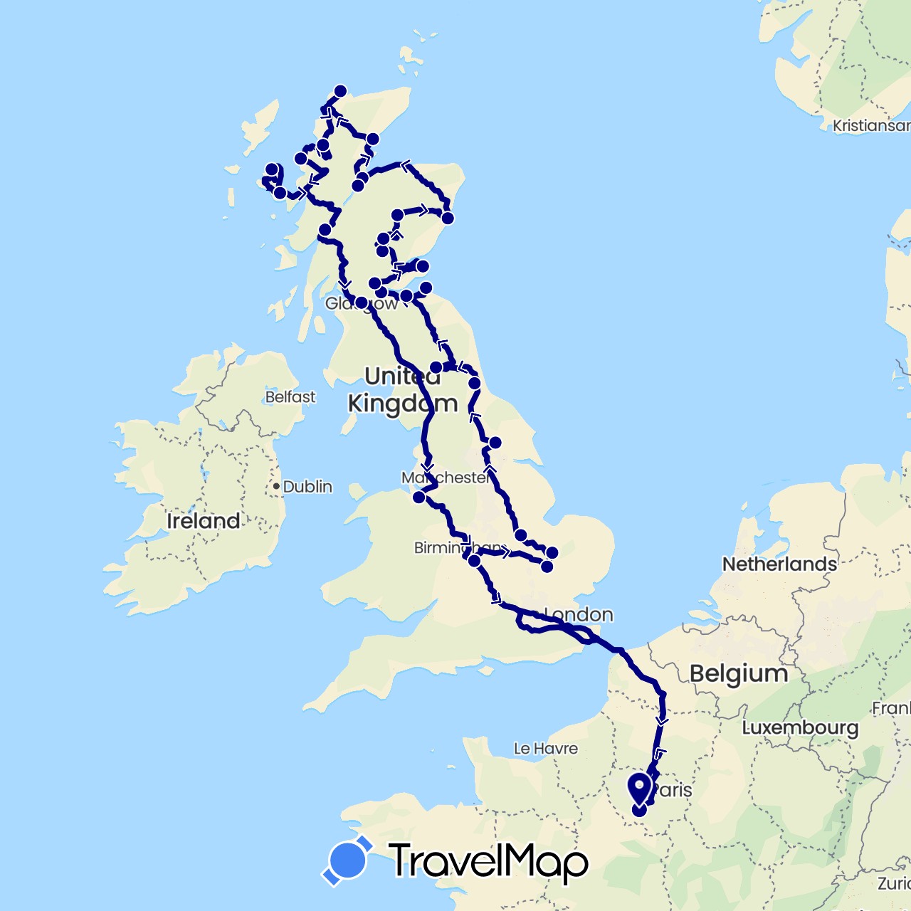 TravelMap itinerary: driving in France, United Kingdom (Europe)