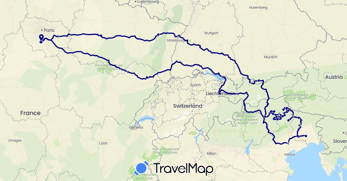 TravelMap itinerary: driving in Germany, France, Italy, Liechtenstein (Europe)