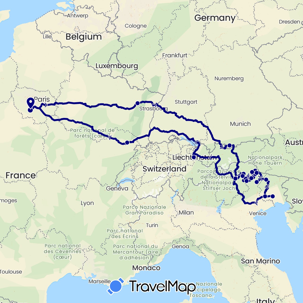 TravelMap itinerary: driving in Germany, France, Italy, Liechtenstein (Europe)