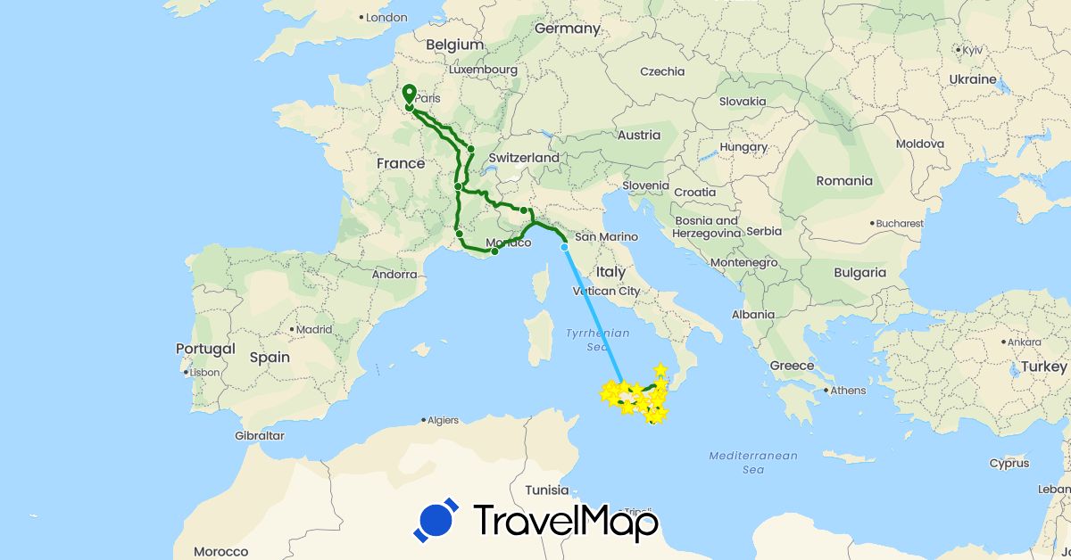 TravelMap itinerary: driving, hiking, boat, camping-car in France, Italy (Europe)