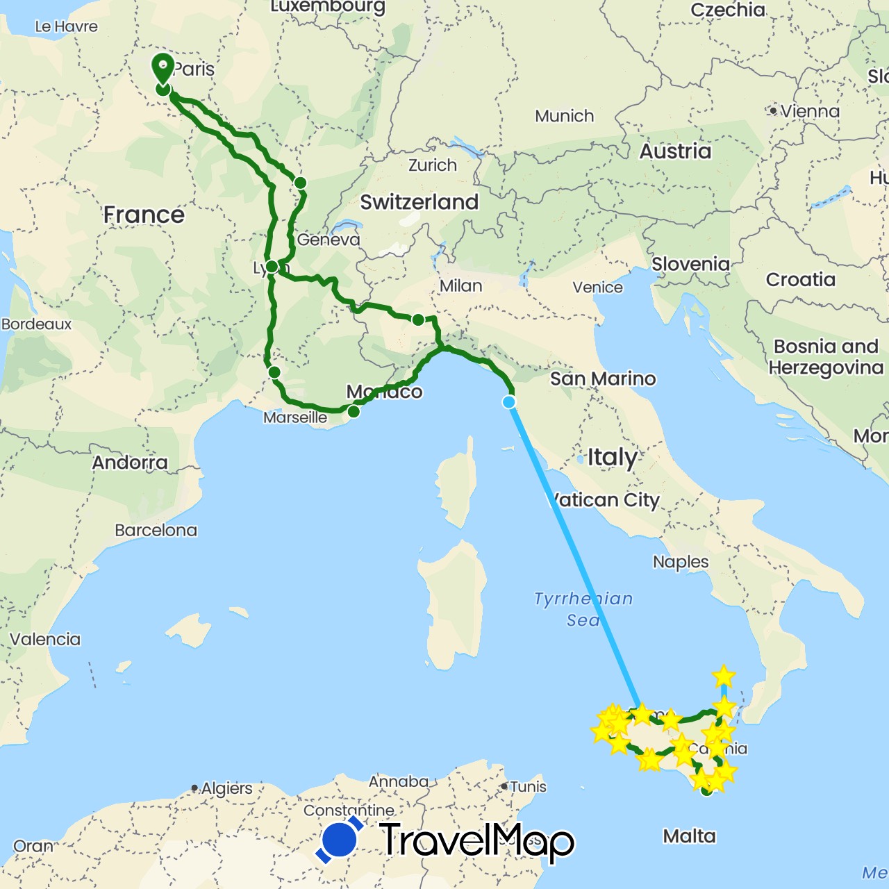 TravelMap itinerary: driving, hiking, boat, camping-car in France, Italy (Europe)