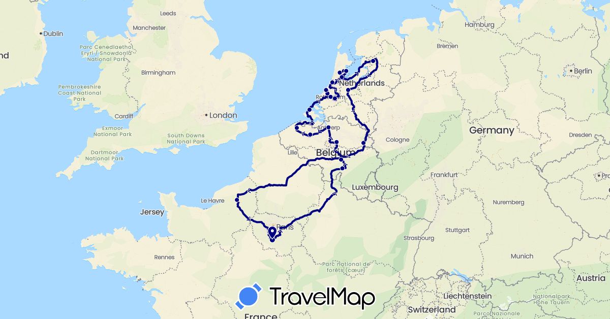 TravelMap itinerary: driving in Belgium, France, Netherlands (Europe)
