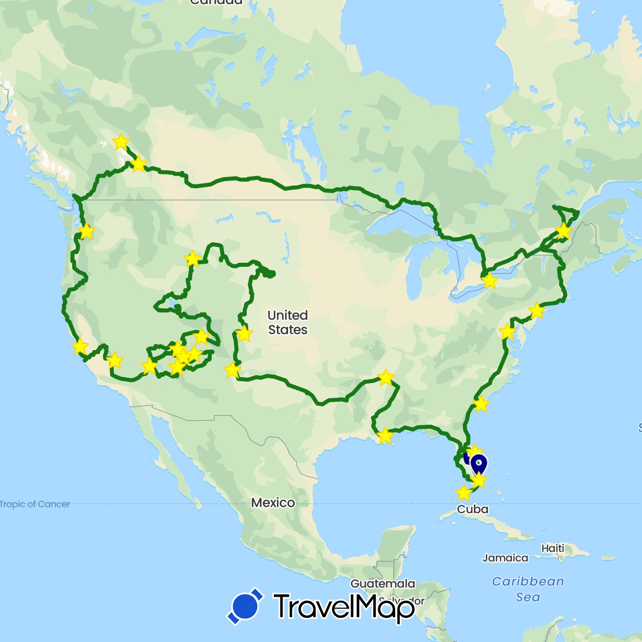 TravelMap itinerary: driving, plane, camping-car in Canada, United States (North America)