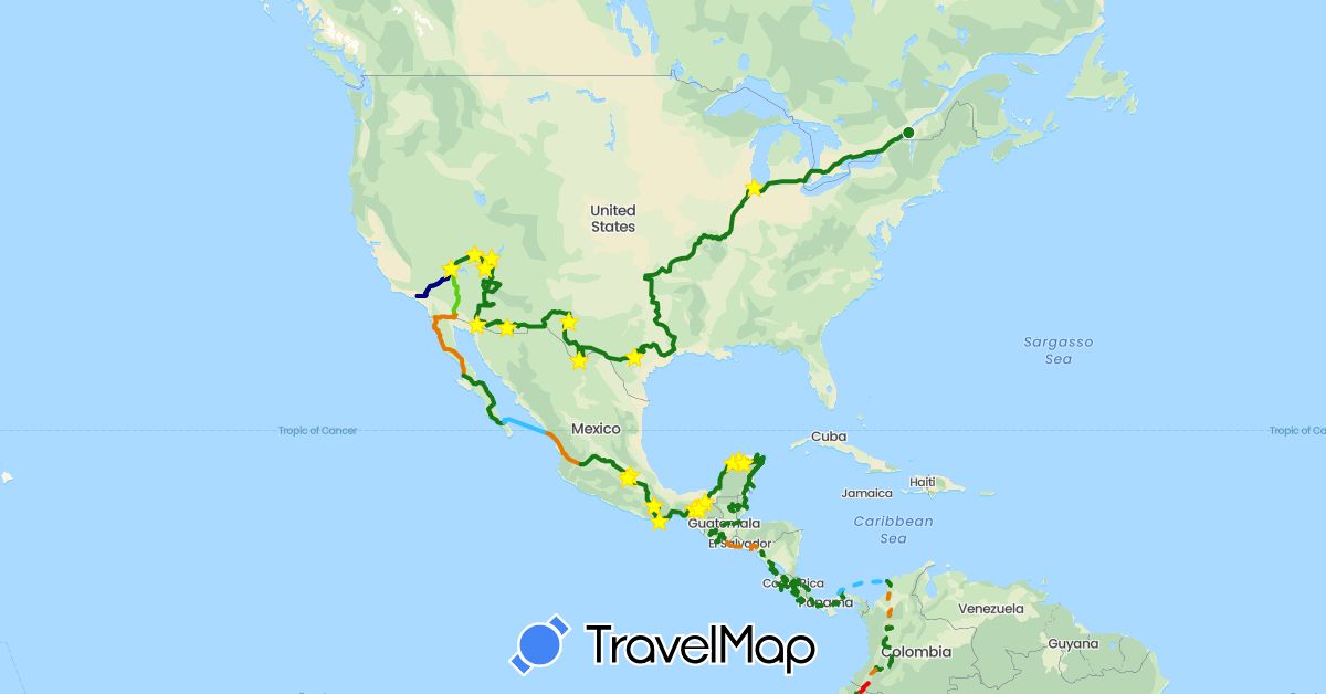 TravelMap itinerary: driving, plane, train, boat, camping-car, passage très délicat, pasage délicat, camion plateau in Argentina, Bolivia, Brazil, Belize, Canada, Chile, Colombia, Costa Rica, Ecuador, Guatemala, Honduras, Mexico, Nicaragua, Panama, Peru, El Salvador, United States, Uruguay (North America, South America)