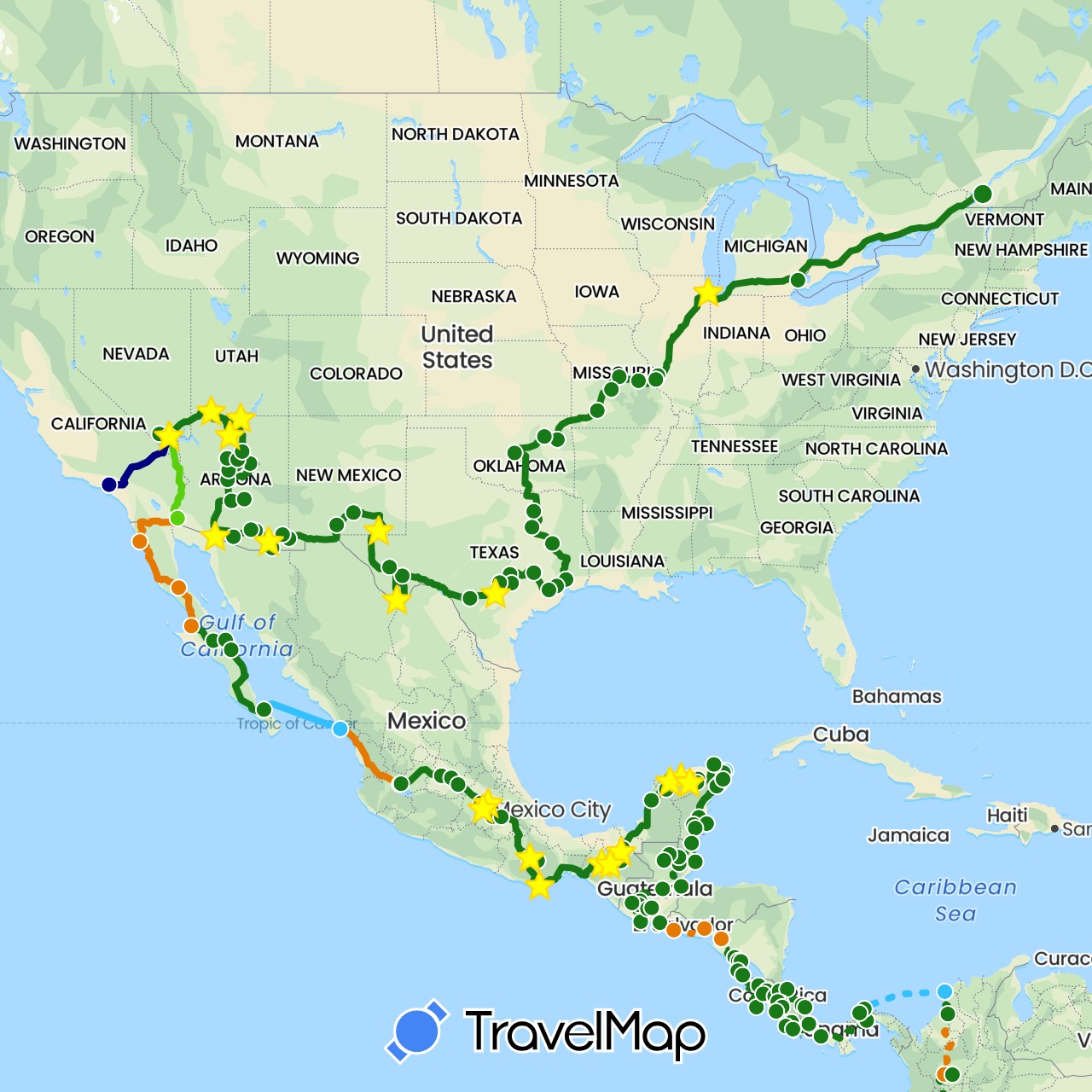 TravelMap itinerary: driving, plane, train, boat, camping-car, passage très délicat, pasage délicat, camion plateau in Argentina, Bolivia, Brazil, Belize, Canada, Chile, Colombia, Costa Rica, Ecuador, Guatemala, Honduras, Mexico, Nicaragua, Panama, Peru, El Salvador, United States, Uruguay (North America, South America)