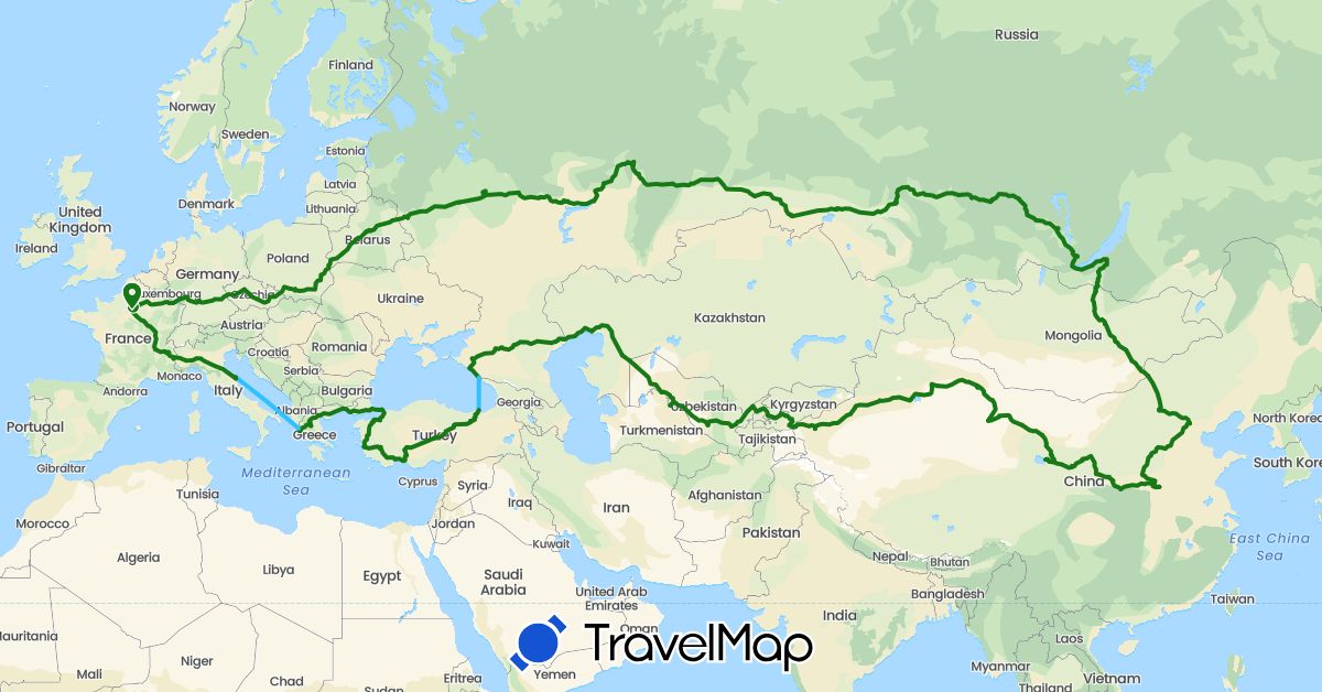 TravelMap itinerary: driving, boat, camping-car in Belarus, China, Czech Republic, Germany, France, Greece, Italy, Kyrgyzstan, Kazakhstan, Mongolia, Poland, Russia, Turkey, Uzbekistan (Asia, Europe)