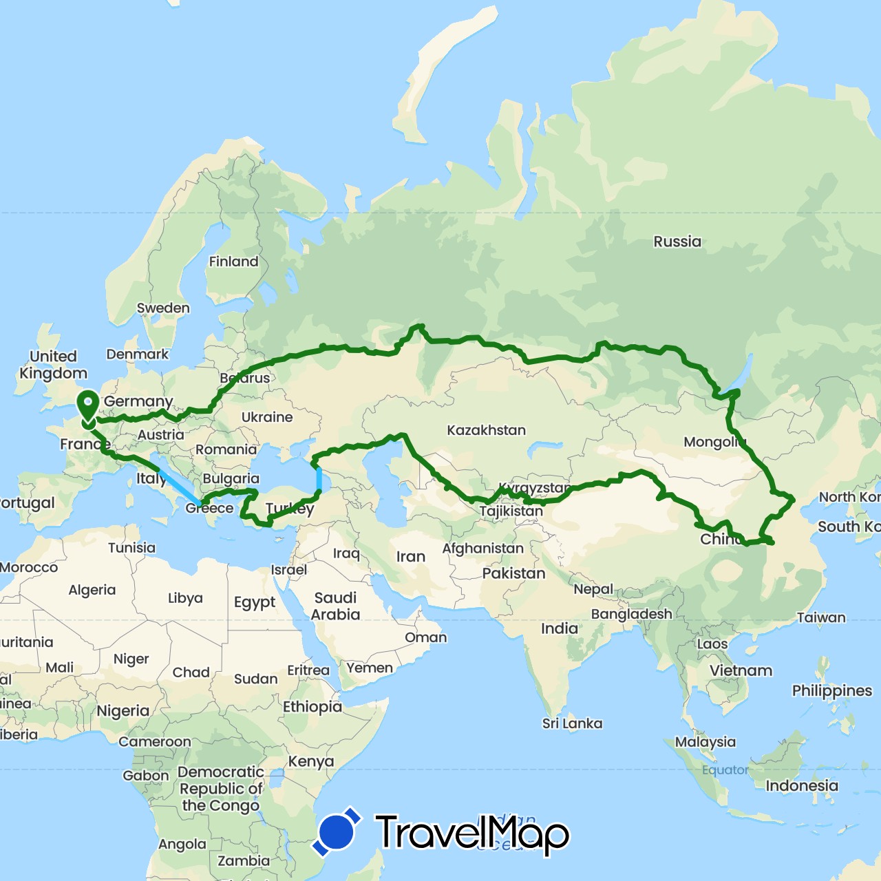 TravelMap itinerary: driving, boat, camping-car in Belarus, China, Czech Republic, Germany, France, Greece, Italy, Kyrgyzstan, Kazakhstan, Mongolia, Poland, Russia, Turkey, Uzbekistan (Asia, Europe)